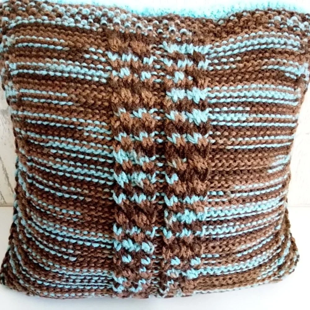 Hand Crafted Knit Pillow Blue & Brown Cable Square Throw Essential Home Decor